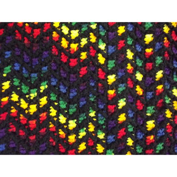 Vintage Hand Crocheted Afghan Blanket Throw - Handmade Black & Rainbow 60x47 - Picture 2 of 4